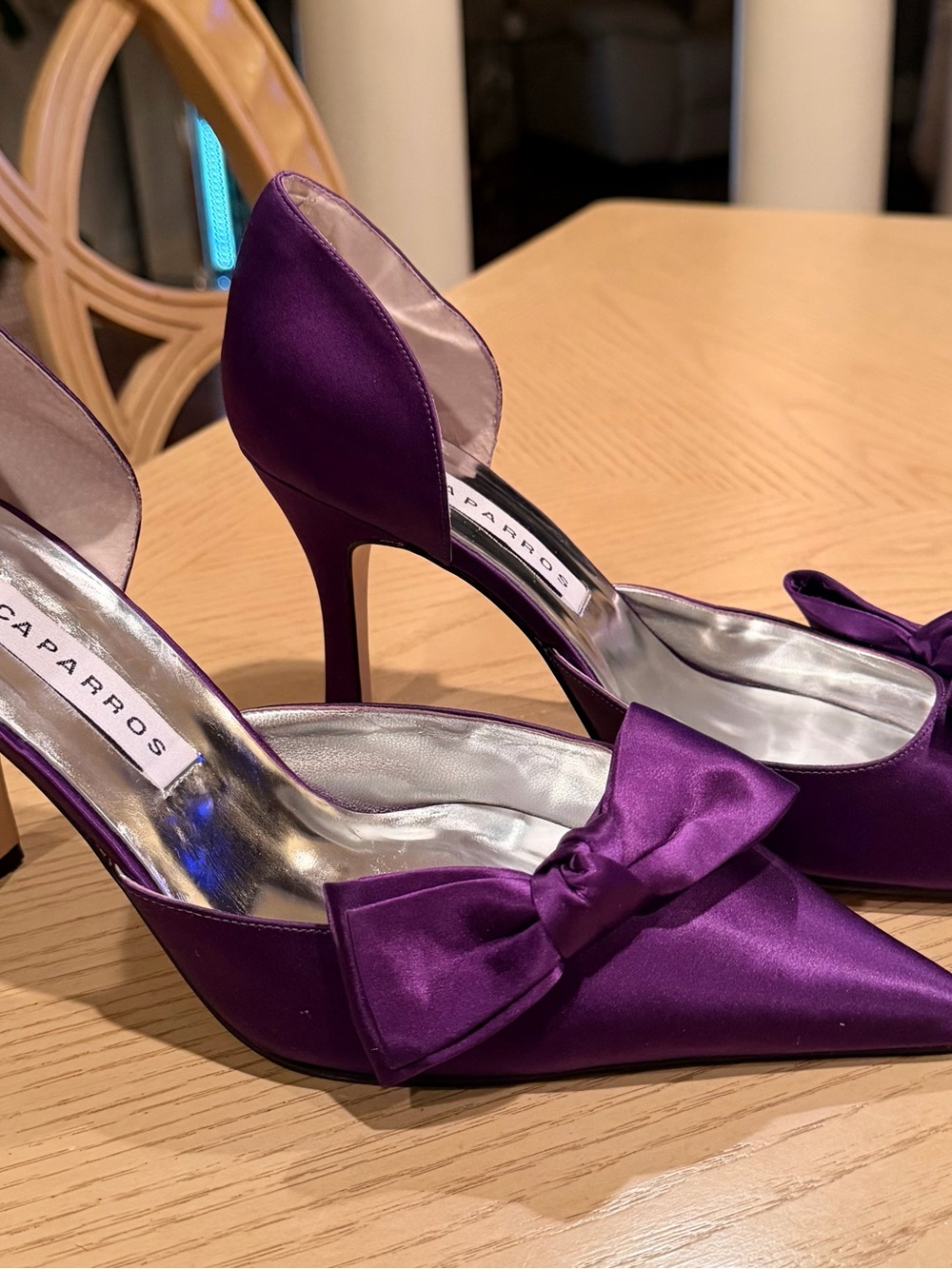 Caparros Purple Satin D'Orsay Pointed-Toe Bow Heels